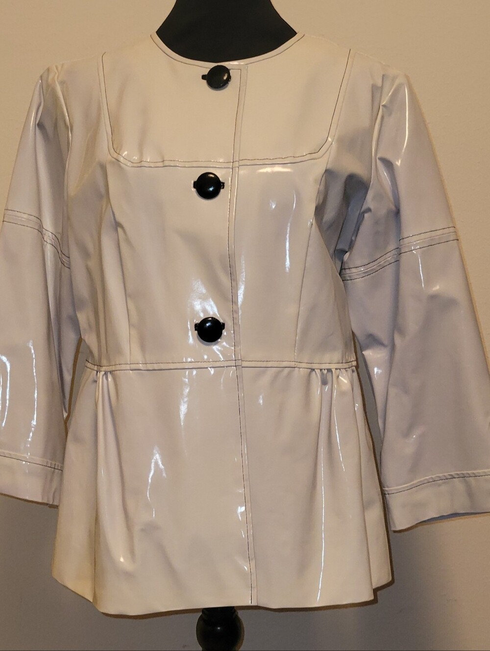 Kenar Glossy White Patent Peplum Trench with Black Buttons